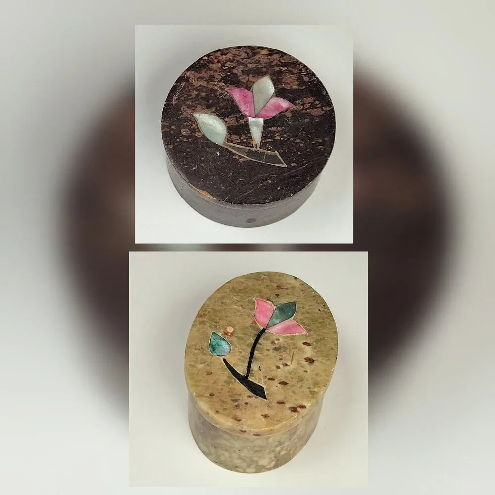 Trinket Box Pair of 2 Stone with Floral Inlay 1 Oval and (1 Round 2.5